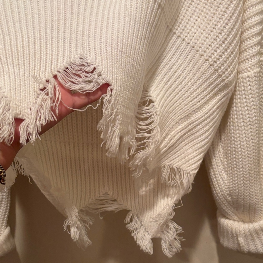 Fashion Nova Cream Frayed V-Neck Sweater - Picture 5 of 6